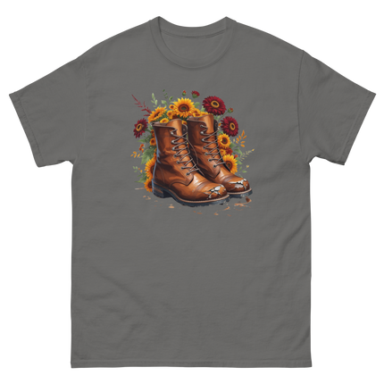 Rustic Fall Combat Boots with Sunflowers Graphic Tee #3 Women Tees Style Junction – Custom Digital Designs & Apparel Charcoal S