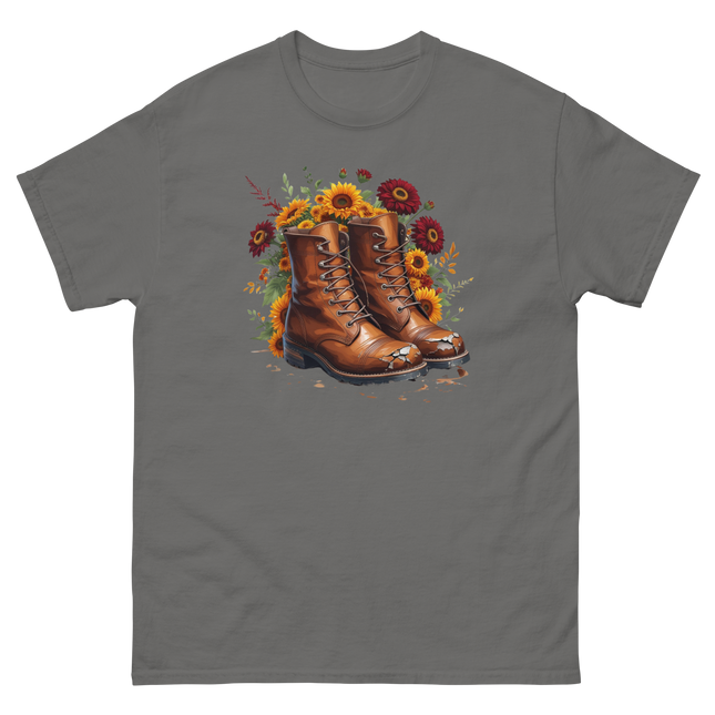 Rustic Fall Combat Boots with Sunflowers Graphic Tee #3 Women Tees Style Junction – Custom Digital Designs & Apparel Charcoal S
