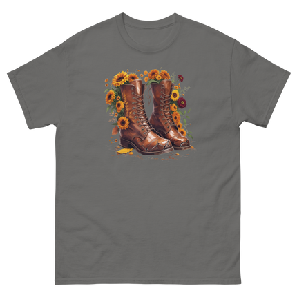 Rustic Fall Combat Boots with Sunflowers Graphic Tee #4 Women Tees Style Junction – Custom Digital Designs & Apparel Charcoal S