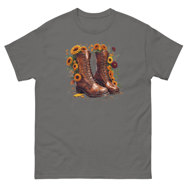 Rustic Fall Combat Boots with Sunflowers Graphic Tee #4 Women Tees Style Junction – Custom Digital Designs & Apparel Charcoal S
