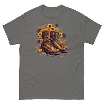 Rustic Fall Combat Boots with Sunflowers Graphic Tee #5 Women Tees Style Junction – Custom Digital Designs & Apparel Charcoal S