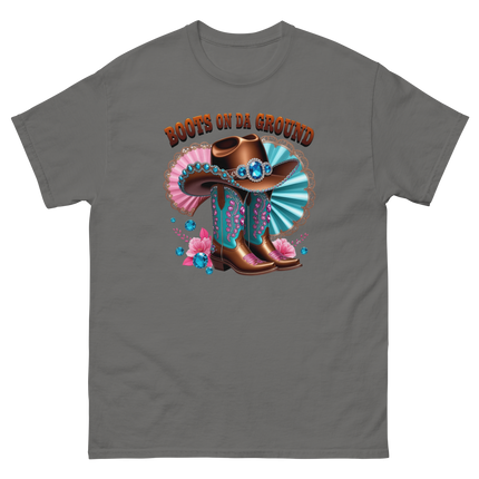 Brown Rhinestone Cowgirl Boots Tee – Boots on Da Ground #2 Women Tees Style Junction – Custom Digital Designs & Apparel Charcoal S