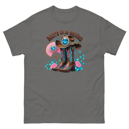 Brown Rhinestone Cowgirl Boots Tee – Boots on Da Ground #5 Women Tees Style Junction – Custom Digital Designs & Apparel Charcoal S