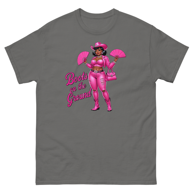 Pink Glam Cowgirl Tee – Boots on the Ground Graphic Shirt #1 Women Tees Style Junction – Custom Digital Designs & Apparel Charcoal S
