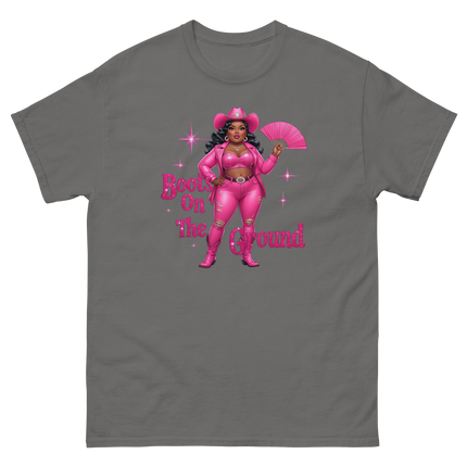 Pink Glam Cowgirl Tee – Boots on the Ground Graphic Shirt #3 Women Tees Style Junction – Custom Digital Designs & Apparel Charcoal S