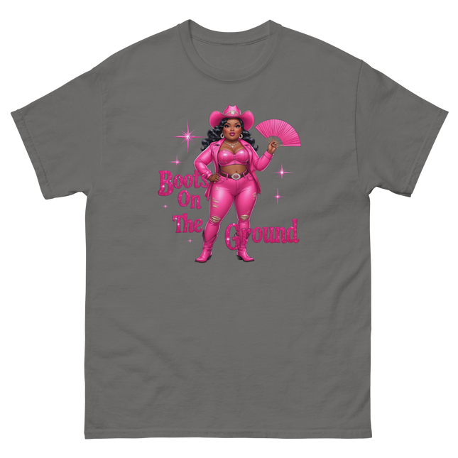 Pink Glam Cowgirl Tee – Boots on the Ground Graphic Shirt #3 Women Tees Style Junction – Custom Digital Designs & Apparel Charcoal S