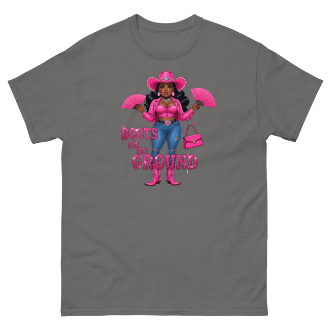 Pink Glam Cowgirl Tee – Boots on the Ground Graphic Shirt #4 Women Tees Style Junction – Custom Digital Designs & Apparel Charcoal S