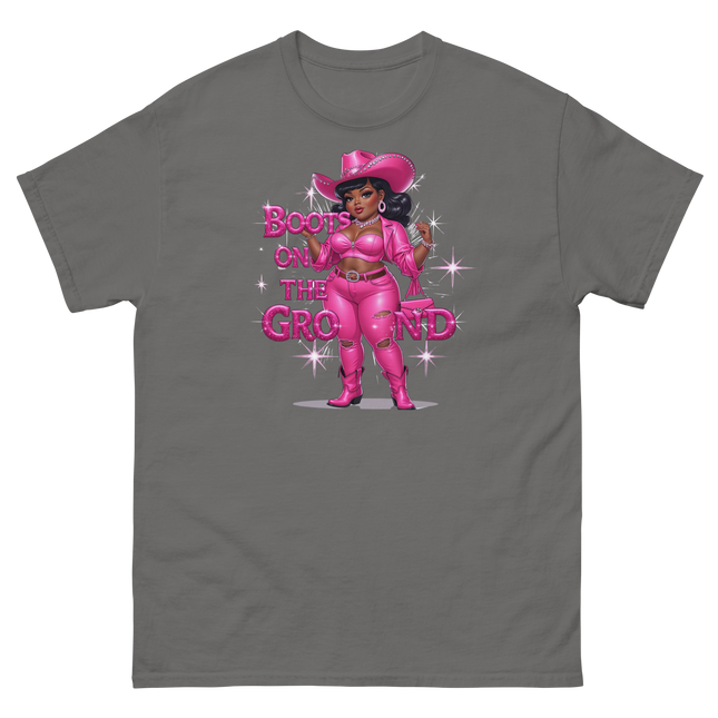 Pink Glam Cowgirl Tee – Boots on the Ground Graphic Shirt #5 Women Tees Style Junction – Custom Digital Designs & Apparel Charcoal S