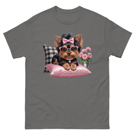 Yorkie Glam Tee – Pink Leopard Print Dog Graphic Shirt #1 Women Tees Style Junction – Custom Digital Designs & Apparel Charcoal S