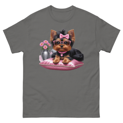 Yorkie Glam Tee – Pink Leopard Print Dog Graphic Shirt #2 Women Tees Style Junction – Custom Digital Designs & Apparel Charcoal S