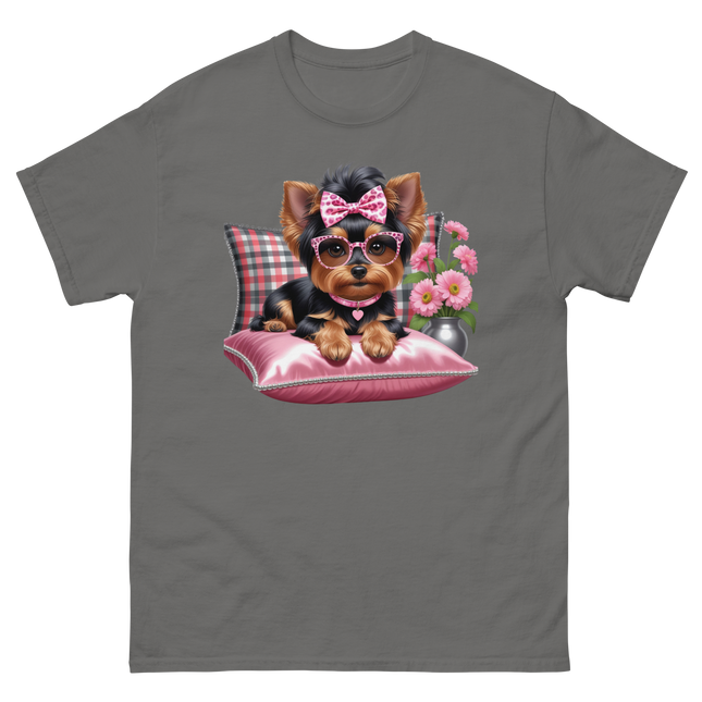 Yorkie Glam Tee – Pink Leopard Print Dog Graphic Shirt #3 Women Tees Style Junction – Custom Digital Designs & Apparel Charcoal S