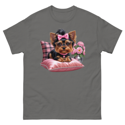 Yorkie Glam Tee – Pink Leopard Print Dog Graphic Shirt #4 Women Tees Style Junction – Custom Digital Designs & Apparel Charcoal S