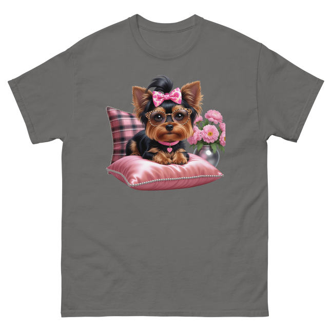 Yorkie Glam Tee – Pink Leopard Print Dog Graphic Shirt #4 Women Tees Style Junction – Custom Digital Designs & Apparel Charcoal S