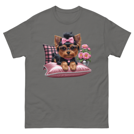 Yorkie Glam Tee – Pink Leopard Print Dog Graphic Shirt #5 Women Tees Style Junction – Custom Digital Designs & Apparel Charcoal S