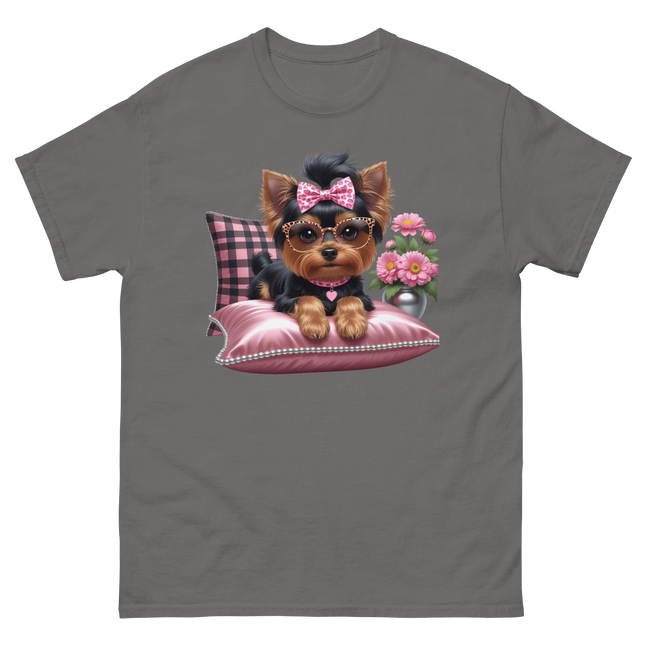 Yorkie Glam Tee – Pink Leopard Print Dog Graphic Shirt #5 Women Tees Style Junction – Custom Digital Designs & Apparel Charcoal S