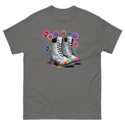 Rainbow Combat Boots Tee – Floral Festival Graphic Shirt #1 Women Tees Style Junction – Custom Digital Designs & Apparel Charcoal S