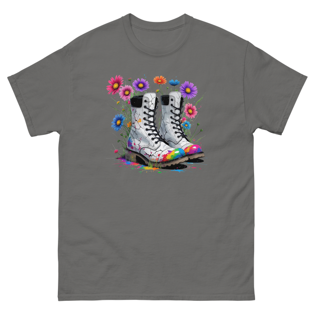 Rainbow Combat Boots Tee – Floral Festival Graphic Shirt #1 Women Tees Style Junction – Custom Digital Designs & Apparel Charcoal S
