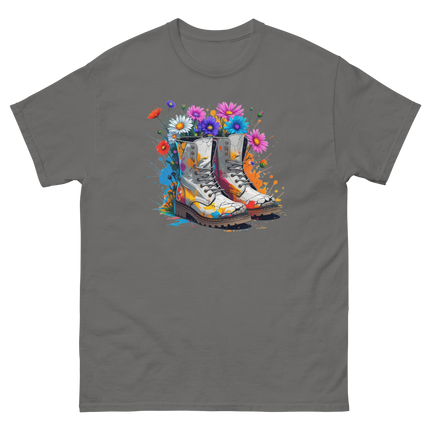 Rainbow Combat Boots Tee – Floral Festival Graphic Shirt #2 Women Tees Style Junction – Custom Digital Designs & Apparel Charcoal S