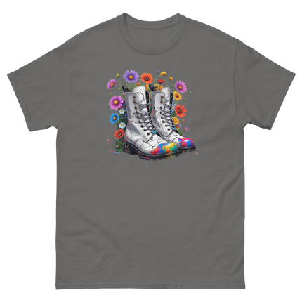 Rainbow Combat Boots Tee – Floral Festival Graphic Shirt #3 Women Tees Style Junction – Custom Digital Designs & Apparel Charcoal S
