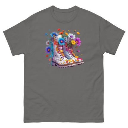 Rainbow Combat Boots Tee – Floral Festival Graphic Shirt #4 Women Tees Style Junction – Custom Digital Designs & Apparel Charcoal S