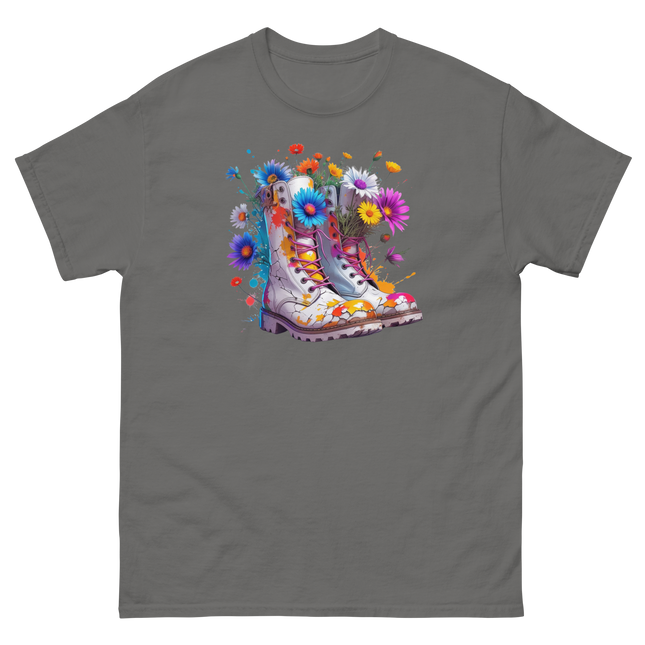 Rainbow Combat Boots Tee – Floral Festival Graphic Shirt #4 Women Tees Style Junction – Custom Digital Designs & Apparel Charcoal S