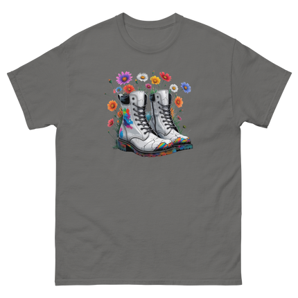 Rainbow Combat Boots Tee – Floral Festival Graphic Shirt #5 Women Tees Style Junction – Custom Digital Designs & Apparel Charcoal S