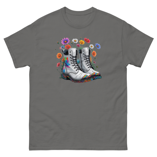 Rainbow Combat Boots Tee – Floral Festival Graphic Shirt #5 Women Tees Style Junction – Custom Digital Designs & Apparel Charcoal S