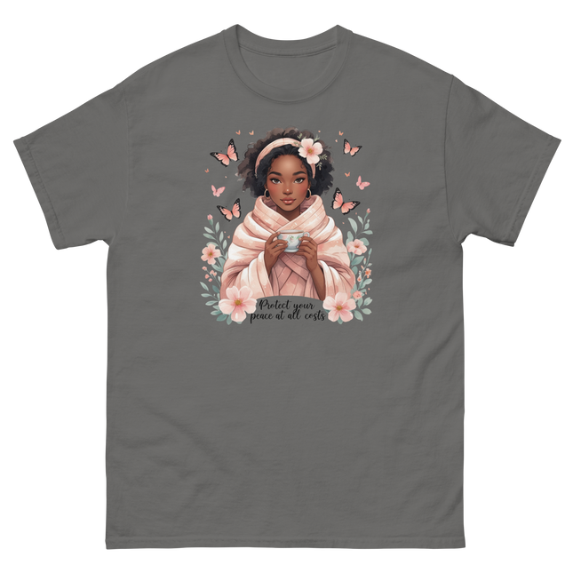 Protect Your Peace Tee – Floral Afro Soft Aesthetic Design #1 Women Tees Style Junction – Custom Digital Designs & Apparel Charcoal S