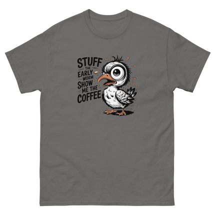 Stuff the Early Worm Coffee Bird Tee – Funny Graphic Shirt Women Tees Style Junction – Custom Digital Designs & Apparel Charcoal S
