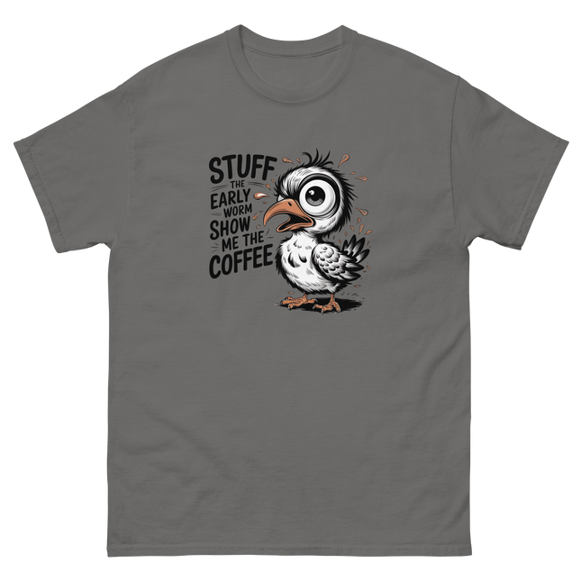 Stuff the Early Worm Coffee Bird Tee – Funny Graphic Shirt Women Tees Style Junction – Custom Digital Designs & Apparel Charcoal S