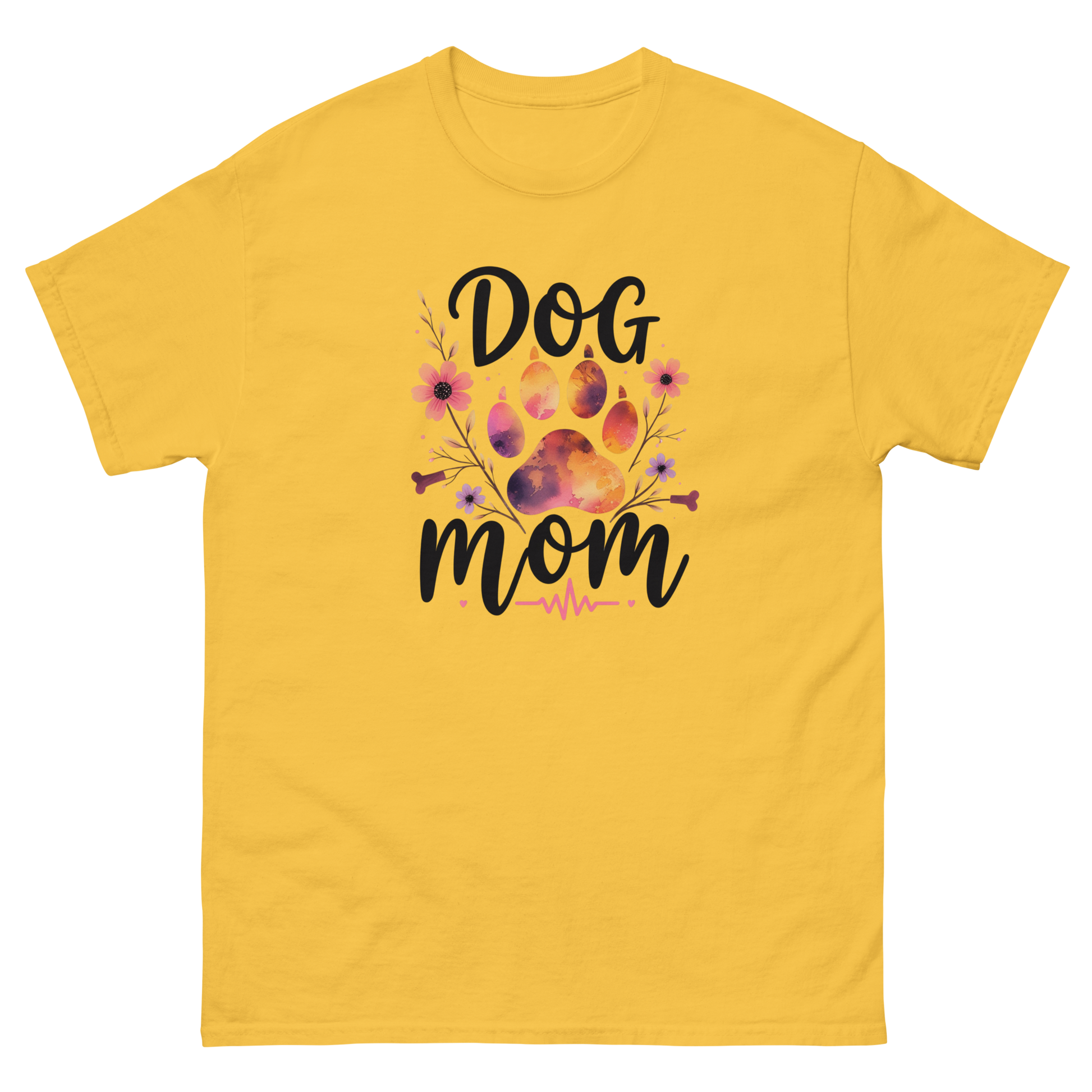Dog Mom Sunset Floral T-Shirt – Heartbeat Paw Print Design Women Tees Style Junction – Custom Digital Designs & Apparel Daisy S