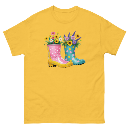 Floral Rain Boots Tee – Colorful Spring Garden Design Women Tees Style Junction – Custom Digital Designs & Apparel Daisy S