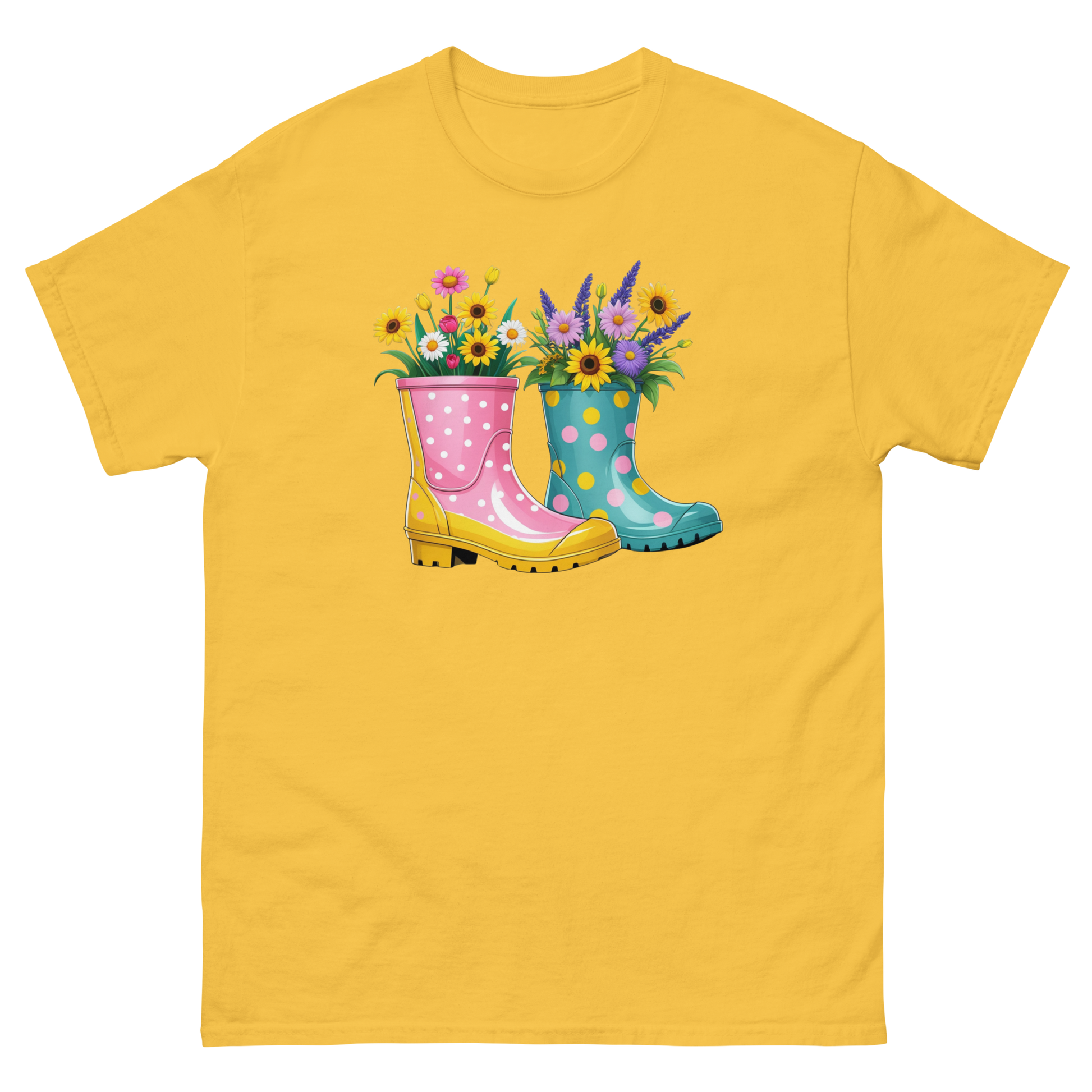 Floral Rain Boots Tee – Colorful Spring Garden PNG Design Women Tees Style Junction – Custom Digital Designs & Apparel Daisy S
