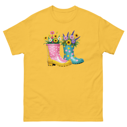 Floral Rain Boots Tee – Colorful Spring Garden PNG Design Women Tees Style Junction – Custom Digital Designs & Apparel Daisy S