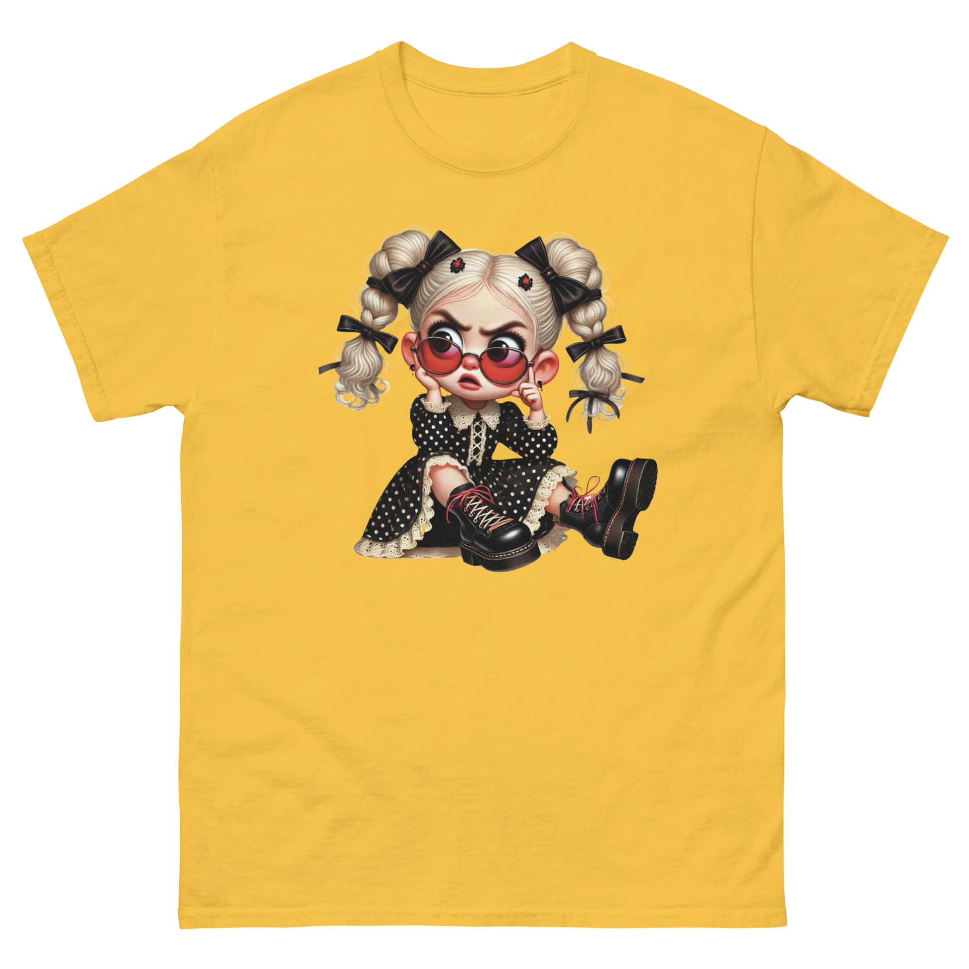 Sassy Blonde Pigtail Tee – Grumpy Doll in Polka Dot Dress Women Tees Style Junction – Custom Digital Designs & Apparel Daisy S
