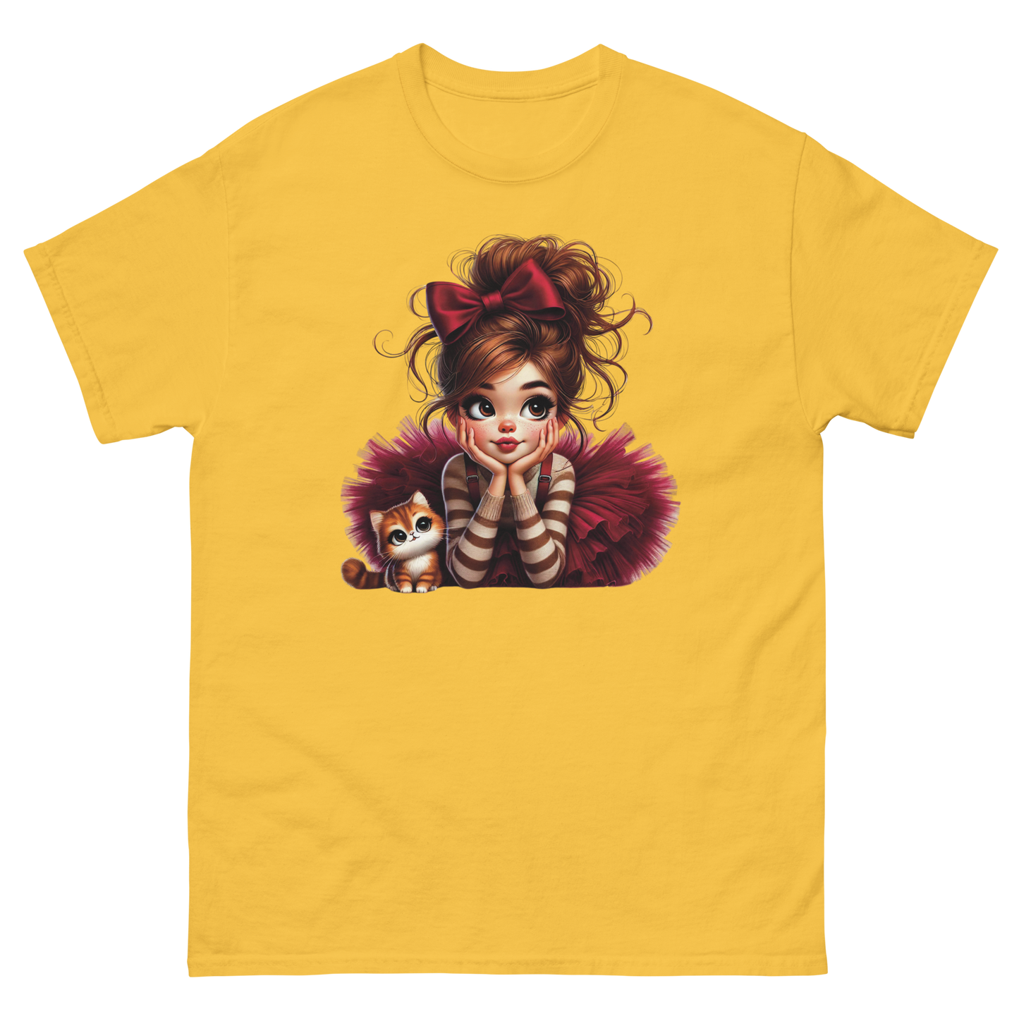 Cute Girl & Cat Tee – Red Tulle Skirt, Big Bow, Whimsical Style Women Tees Style Junction – Custom Digital Designs & Apparel Daisy S