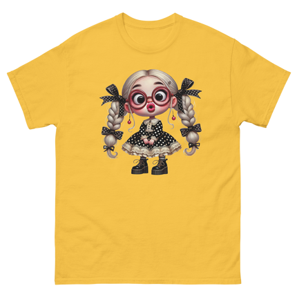 Polka Dot Girl Tee – Vintage Doll Style with Blonde Pigtails Women Tees Style Junction – Custom Digital Designs & Apparel Daisy S