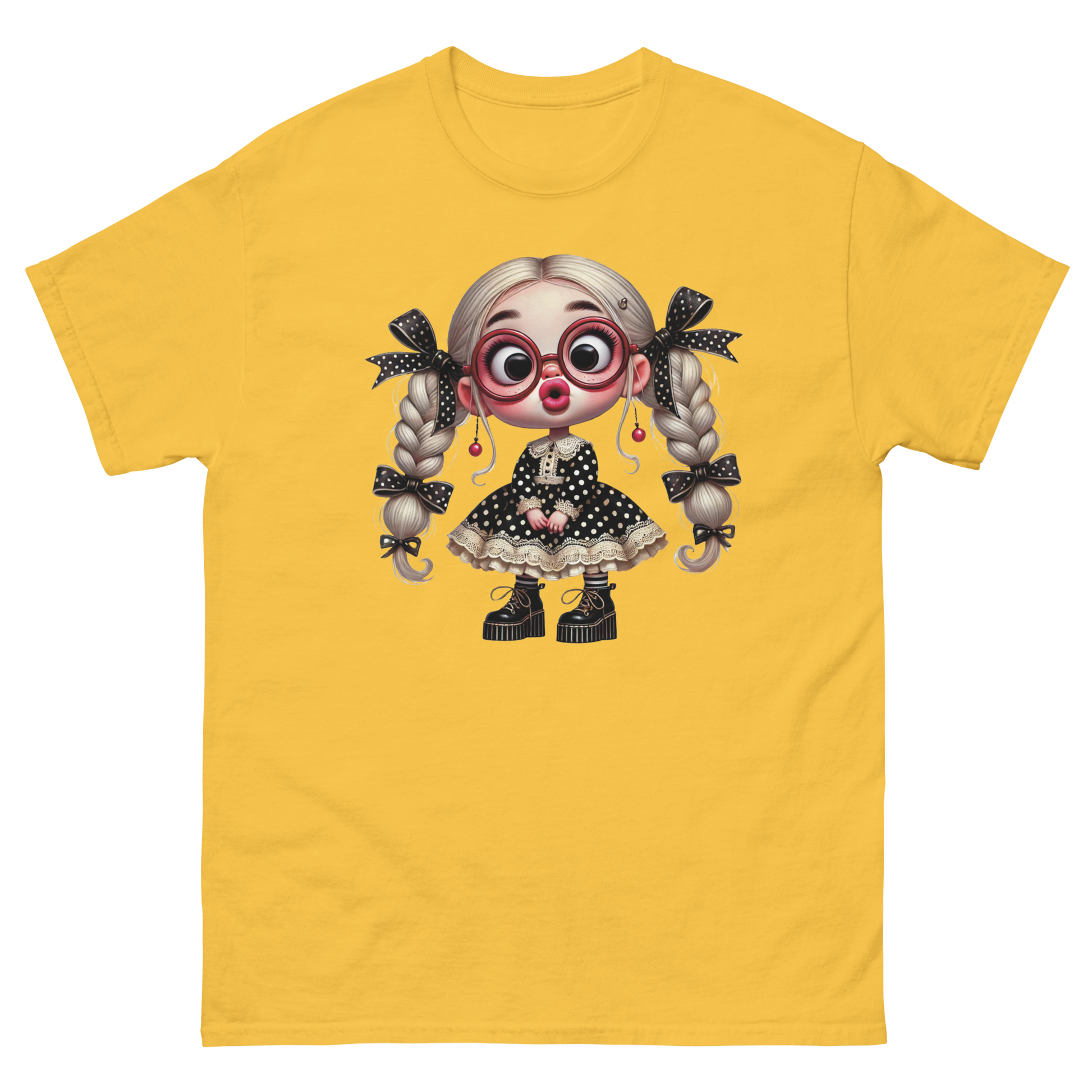 Polka Dot Girl Tee – Vintage Doll Style with Blonde Pigtails Women Tees Style Junction – Custom Digital Designs & Apparel Daisy S