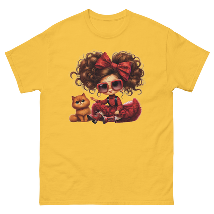 Curly Hair Girl & Cat Tee – Red Skirt & Bow Doll Style Graphic Women Tees Style Junction – Custom Digital Designs & Apparel Daisy S