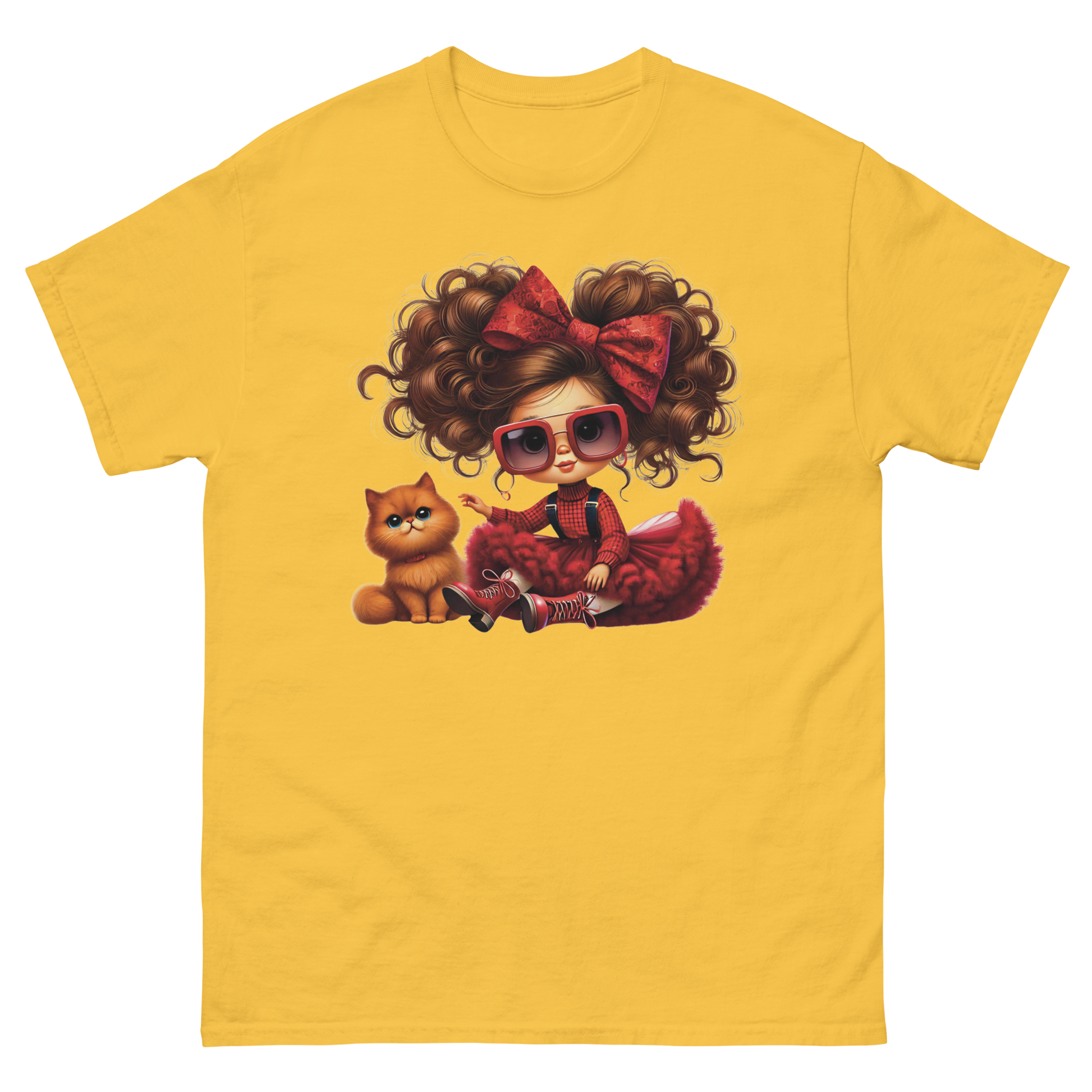 Curly Hair Girl & Cat Tee – Red Skirt & Bow Doll Style Graphic Women Tees Style Junction – Custom Digital Designs & Apparel Daisy S