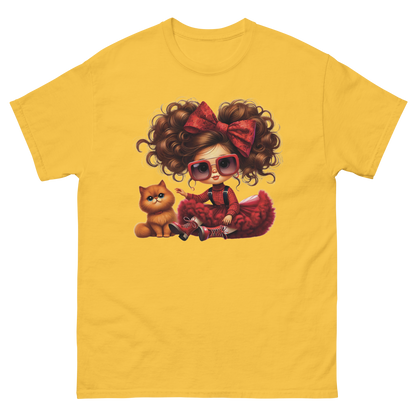Curly Hair Girl & Cat Tee – Red Skirt & Bow Doll Style Graphic Women Tees Style Junction – Custom Digital Designs & Apparel Daisy S