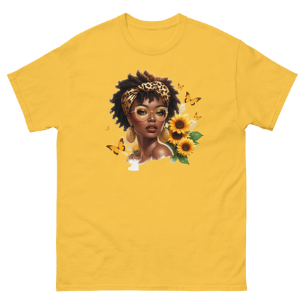 Afro Chic Sunflower Tee – Leopard Wrap & Butterfly Graphic Women Tees Style Junction – Custom Digital Designs & Apparel Daisy S