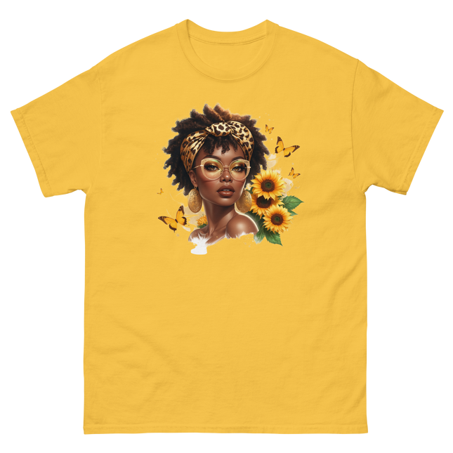 Afro Chic Sunflower Tee – Leopard Wrap & Butterfly Graphic Women Tees Style Junction – Custom Digital Designs & Apparel Daisy S