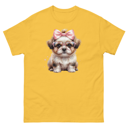 Fluffy Dog Tee – Pink Bow & Heart Glasses Pet Lover Graphic Women Tees Style Junction – Custom Digital Designs & Apparel Daisy S
