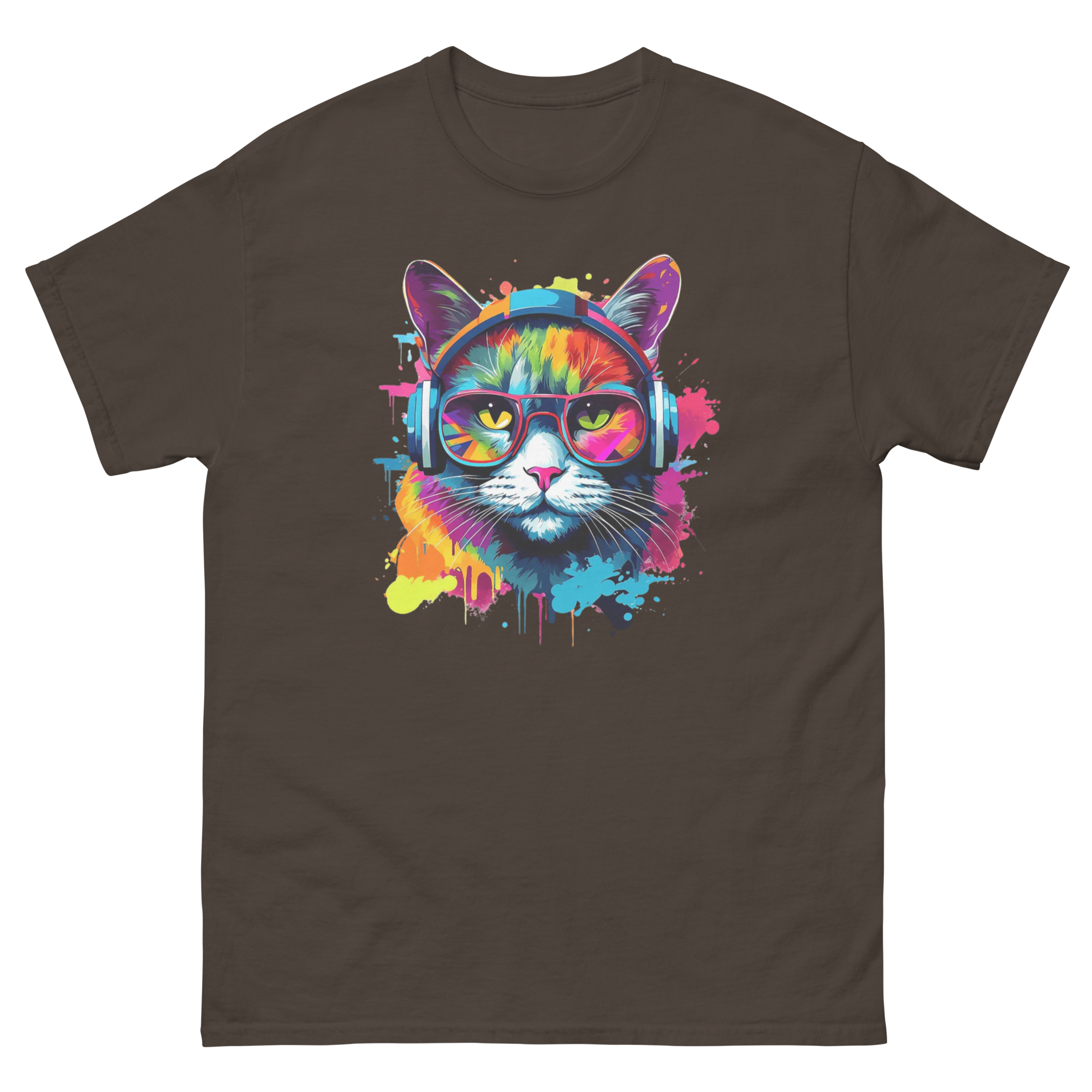 Vibrant DJ Cat Unisex Classic Tee - Trendy, Soft, and Perfect for Streetwear Physical T-Shirt Style-Junction Dark Chocolate S