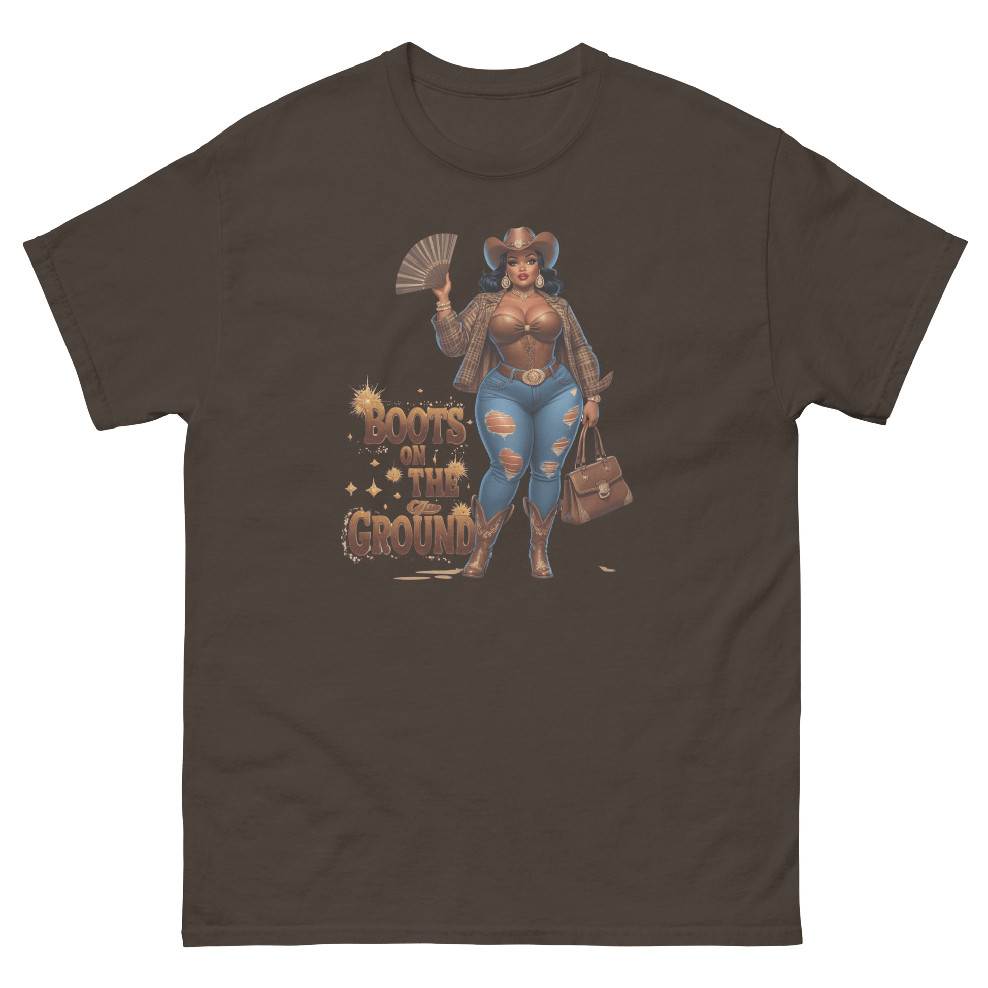 Boots on the Ground Curvy Cowgirl #2 Tee – Bold Western Style Women Tees Style Junction – Custom Digital Designs & Apparel Dark Chocolate S