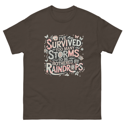I’ve Survived Too Many Storms Tee – Pastel Quote Cotton Shirt Women Tees Style Junction – Custom Digital Designs & Apparel Dark Chocolate S
