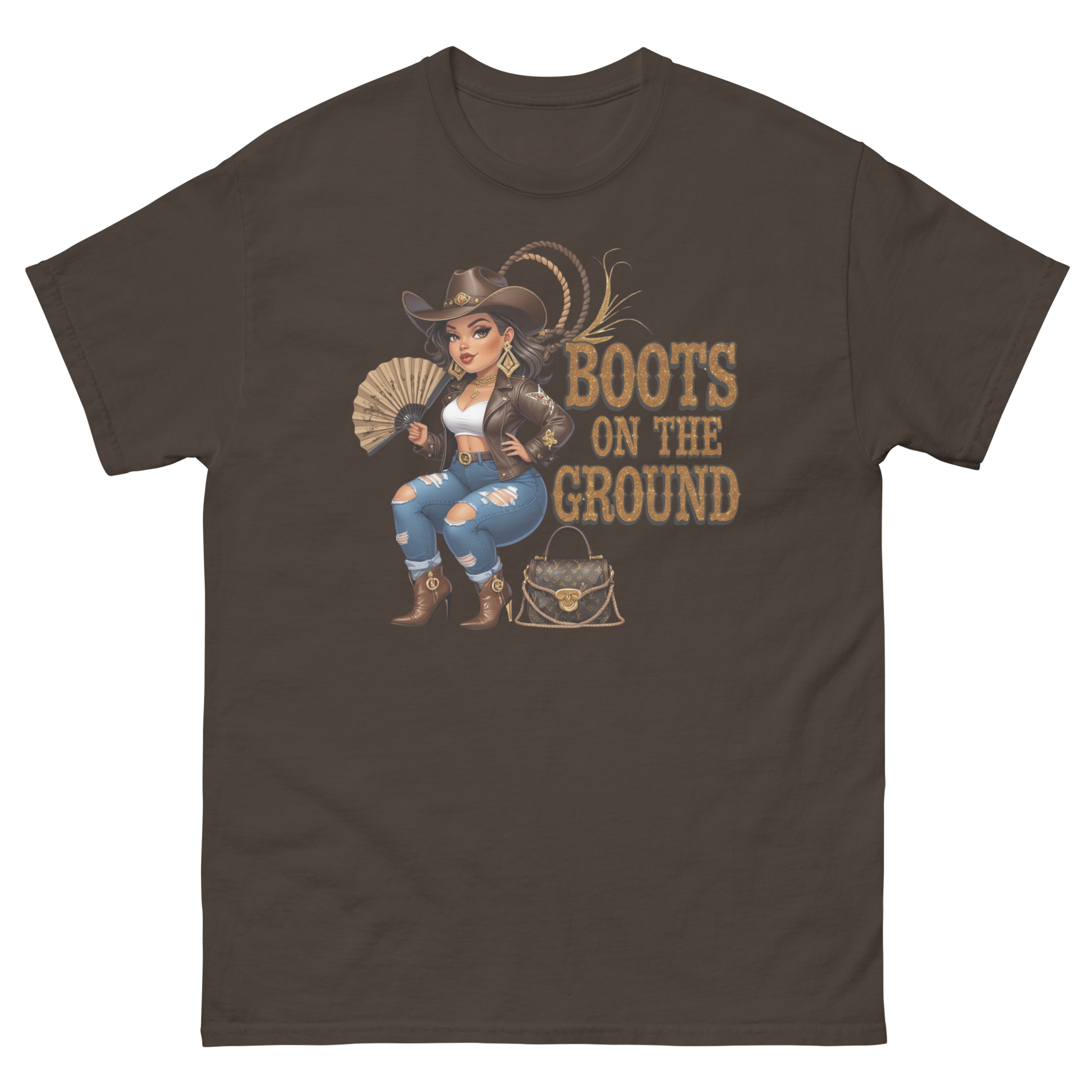 Curvy Cowgirl Tee – “Boots on the Ground” Western Rodeo Graphic Women Tees Style Junction – Custom Digital Designs & Apparel Dark Chocolate S