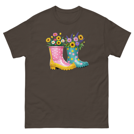 Floral Rain Boots Tee – Colorful Spring Garden Design Women Tees Style Junction – Custom Digital Designs & Apparel Dark Chocolate S