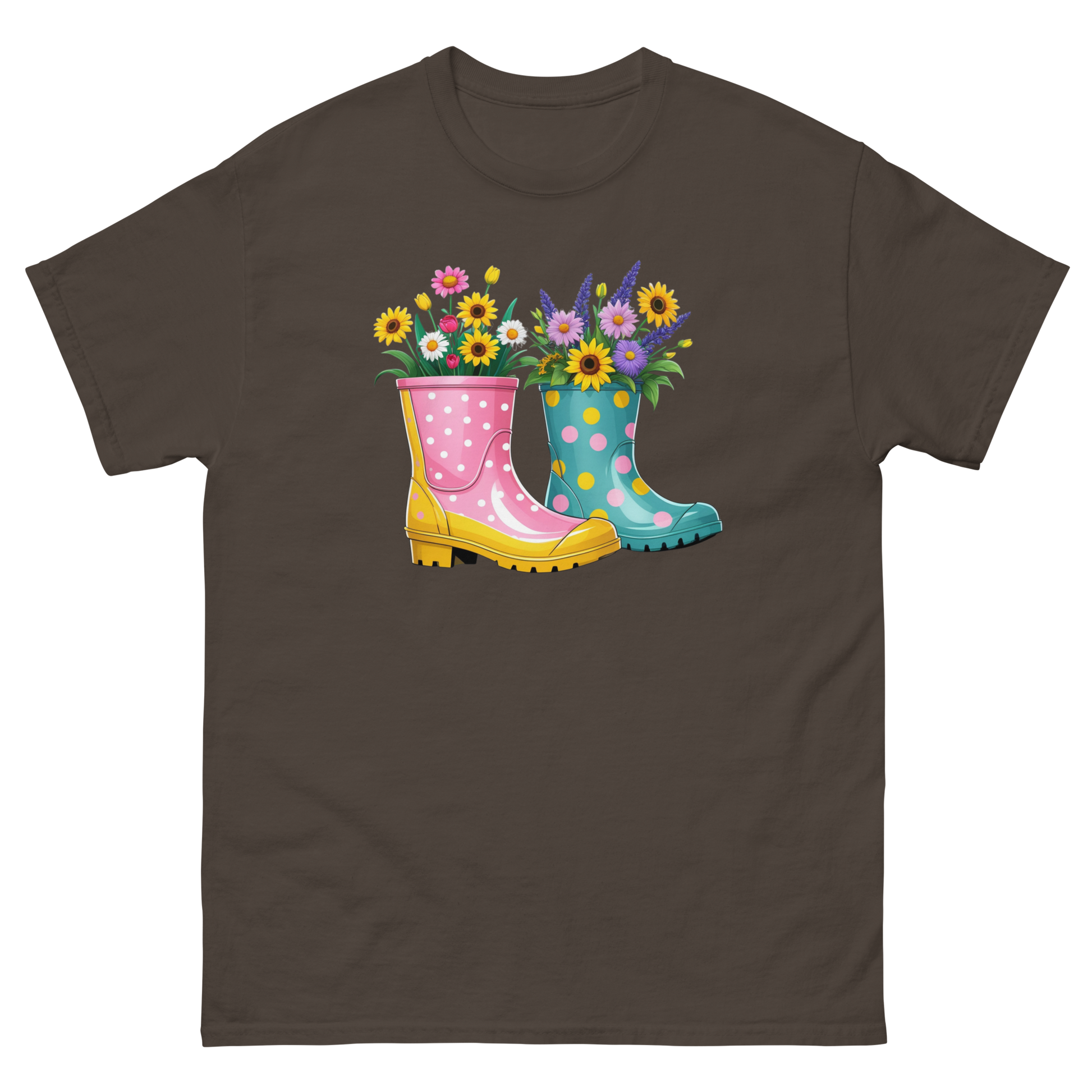 Floral Rain Boots Tee – Colorful Spring Garden PNG Design Women Tees Style Junction – Custom Digital Designs & Apparel Dark Chocolate S